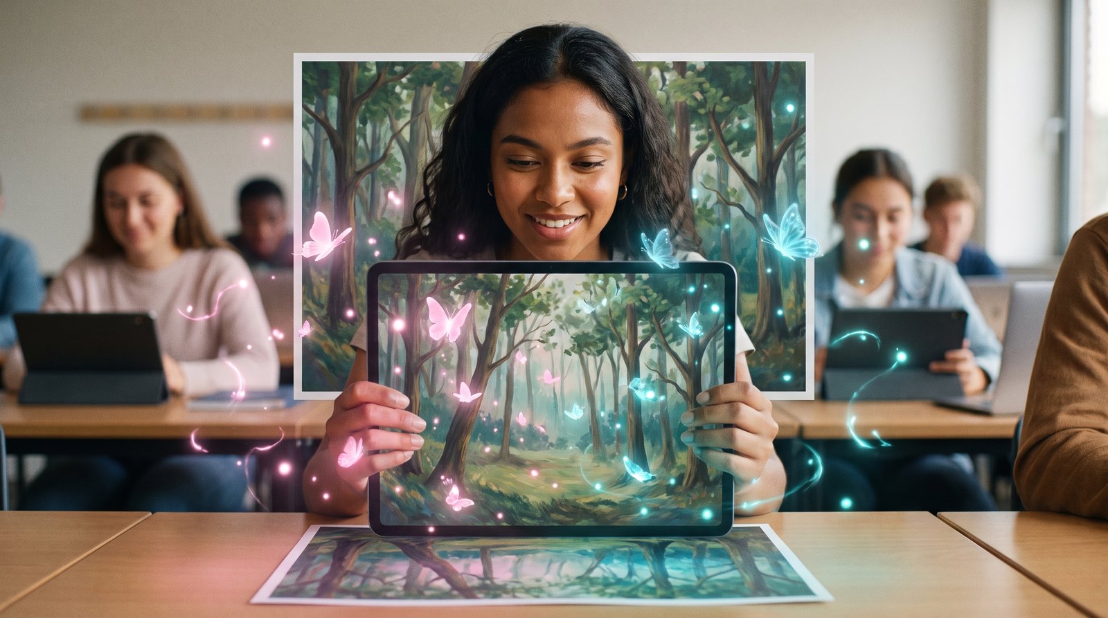 Option A — Student at desk, classmates blurred behind